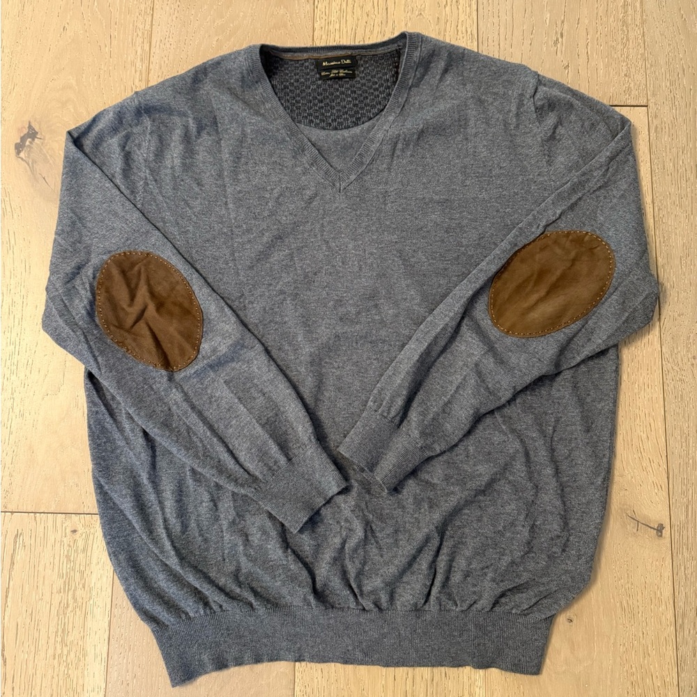 Massimo Dutti V-Neck Gray Sweater with Brown Elbow Patches